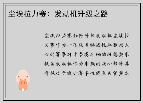 尘埃拉力赛：发动机升级之路
