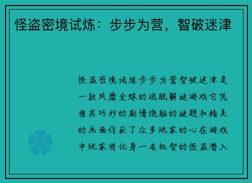 怪盗密境试炼：步步为营，智破迷津